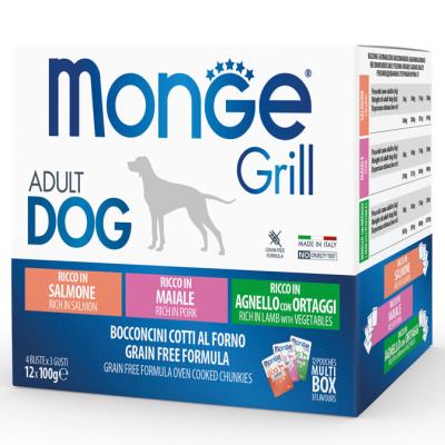 Monge Cane Grill Multibox Adulto Salmone, Maiale, Agnello Cf. (12 x 100) Gr