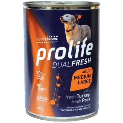 Prolife Cane Dual Fresh Adulto Medium & Large Tacchino, Maiale & Riso Lattina 400 Gr