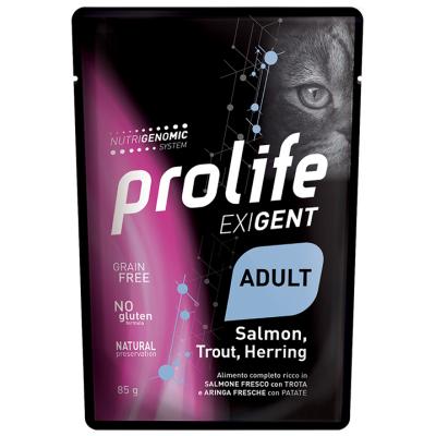 Prolife Gatto Exigent Salmone, Trota, Aringa e Patate Busta 85 Gr alimento